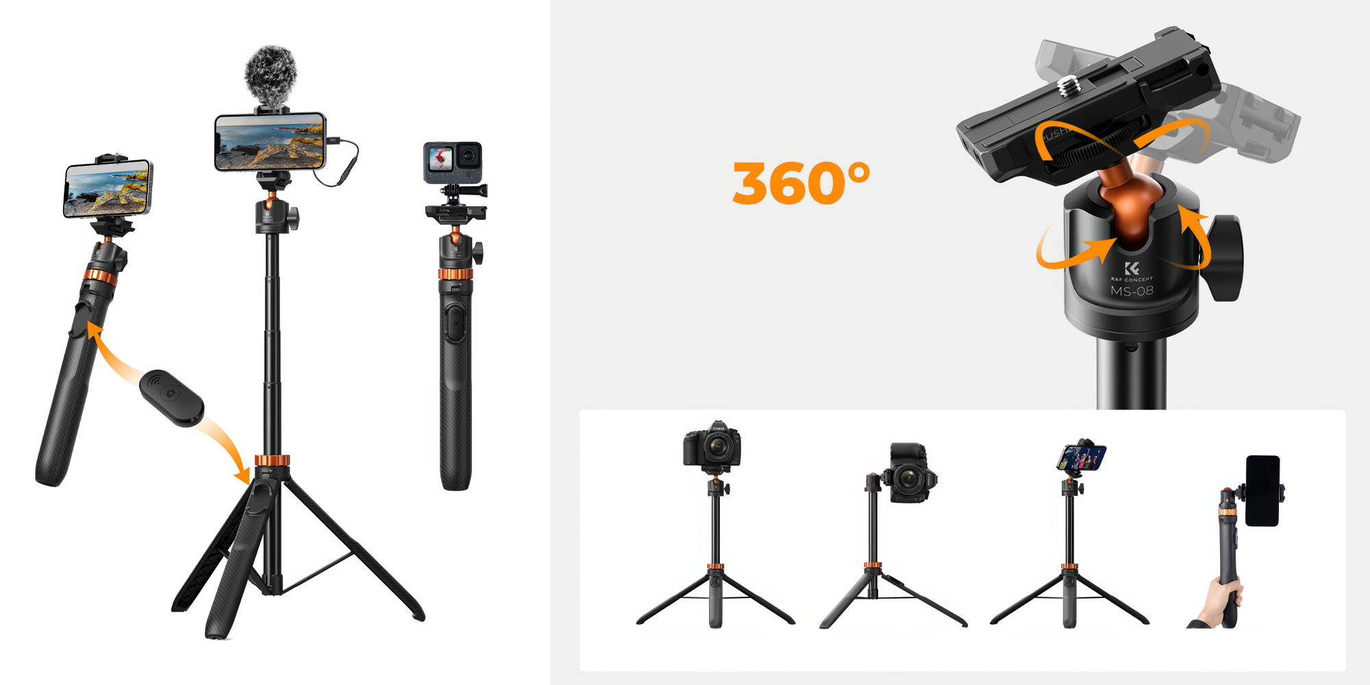 Statyw K&F Concept 2w1 Selfie z uchwytem do telefonu - Kamery sportowe